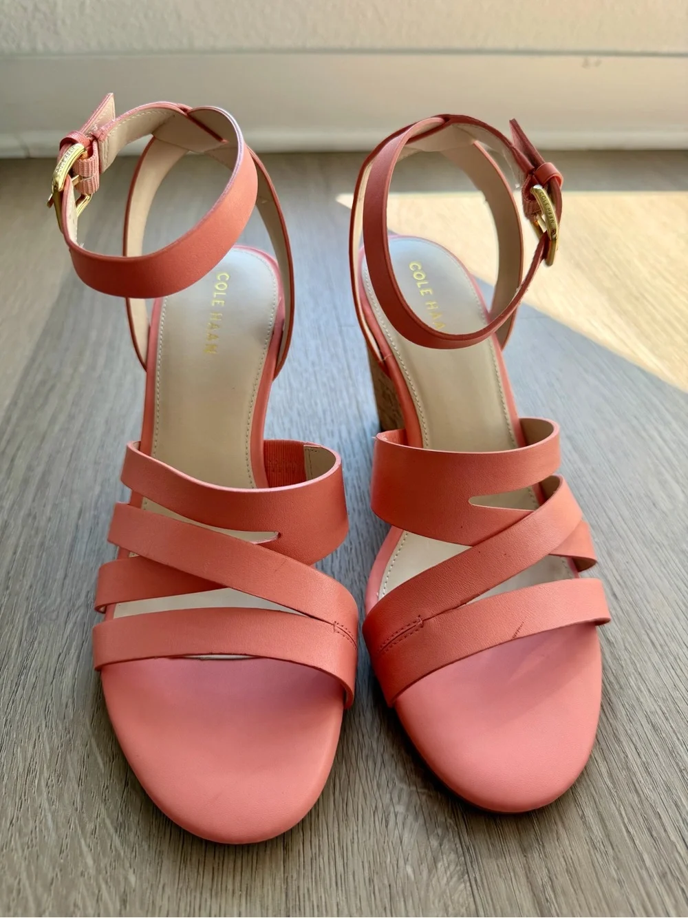 Cole Haan Leather Coral-Pink Cork Wedge Sandals